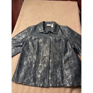 Alfred Dunner Woman Button Jacket Navy/Silver Metallic‎  18 Floral 3/4 Sleeve